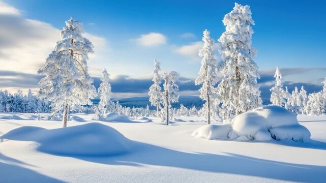 Snowy winter landscape with frosted trees