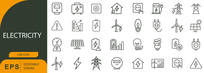 Electricity Line Icon Set – Symbols of Power Generation, Energy Systems, and Electrical Safety