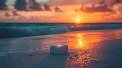 Single ring box illuminated by sunset on tranquil beach shore. Minimal romantic proposal scene symbolizing love, promise and eternal connection