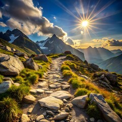 Rocky mountain path leading to sunlit peaks and cloudy sky