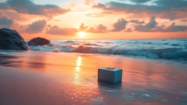 Jewelry box with engagement ring resting on wet sand under sunset light. Romantic seaside proposal atmosphere with warm tones and reflections - Powered by Adobe