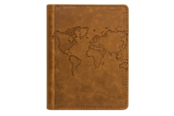 Brown leather passport cover with embossed world map, symbolising global travel, adventure, and journey with clear background