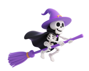3D Rendered Cartoon Skeleton in Purple Witch Hat and Black Cape Riding Purple Broom for Halloween or Fantasy Concept
