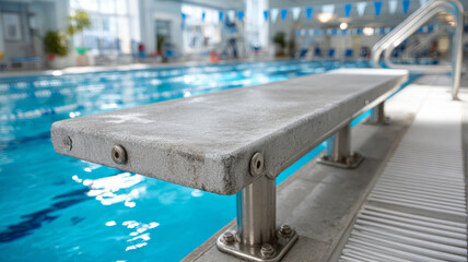 Close-up view of a diving board in an indoor swimming pool.