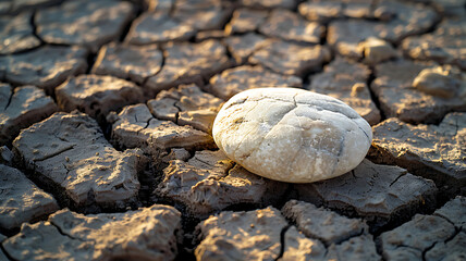 Stone on Cracked Mud: Contrasting Textures Featuring Smooth Rock on a Dry, Fragmented Surface Landscape.