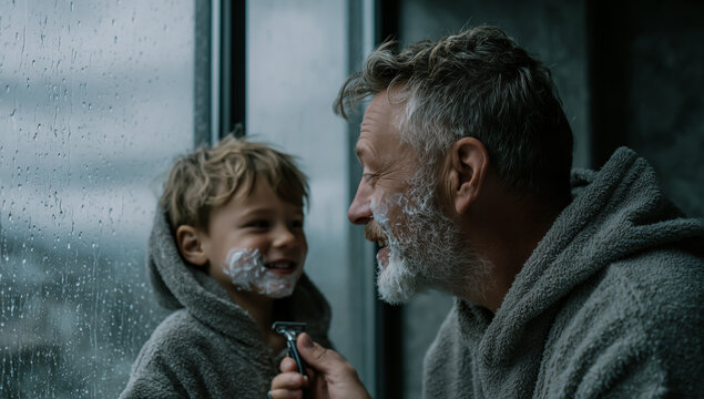 Father and son playfully shaving together with shaving cream and razors by a window