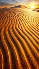 Golden desert dunes with rippling sand patterns at sunset