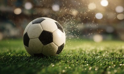 Fototapeta premium Soccer ball on green grass field with bokeh background.