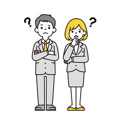 腕を組んで考える、スーツを着た20代・30代のサラリーマンとOLの全身ベクターイラスト素材セット