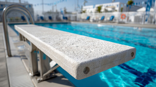 Close-up of a diving board at an outdoor swimming pool.