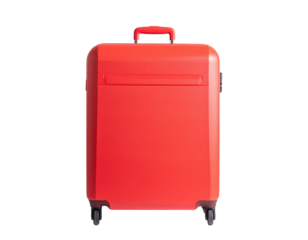 A bright red suitcase with wheels and a handle, designed for travel and storage.