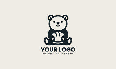 Cute bear chef mascot happily holding pastry and spoon vector logo illustration design