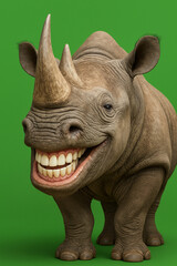 Fototapeta premium Funny rhinoceros with human-like grin on green background – humorous animal portrait, greenscreen, high-resolution 3D render 