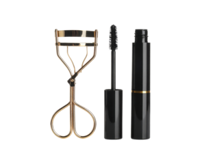 A makeup eyelash curler and a black mascara tube, showcasing beauty essentials for enhancing eyelashes.