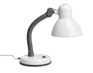 A sleek, modern desk lamp with an adjustable neck and a glossy white shade, designed for focused lighting.