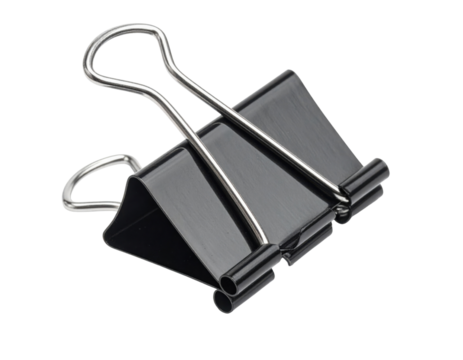 A black paper clip with a sturdy design, featuring a triangular shape and robust metal arms for holding documents securely.