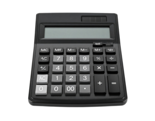 A black calculator featuring a digital display and numeric keypad for mathematical calculations.