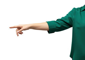 Isolated woman's arm in green dress pointing to the left, directing viewer's attention