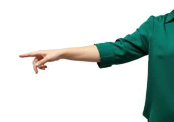 Isolated woman's arm in green dress pointing to the left, directing viewer's attention