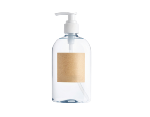 A clear pump bottle with a label area, designed for dispensing liquid products like soap or lotion.