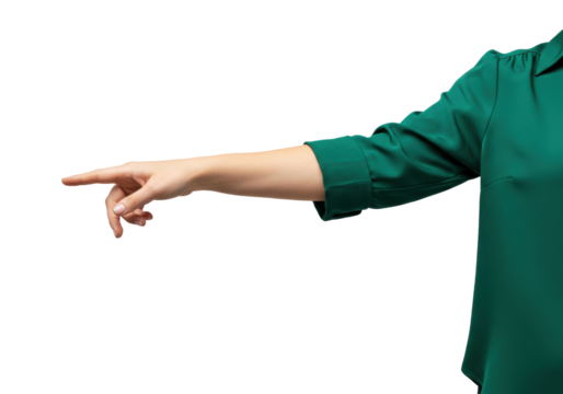 Isolated woman's arm in green dress pointing to the left, directing viewer's attention