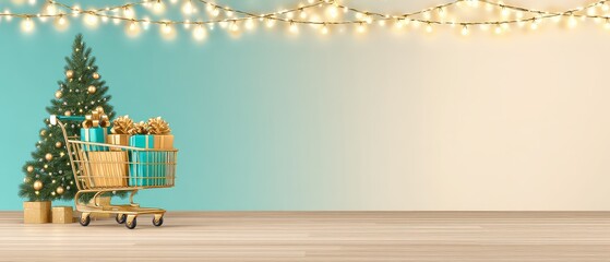 Black friday shopping sale banner with christmas gift cart in festive trolley scene holiday discount background