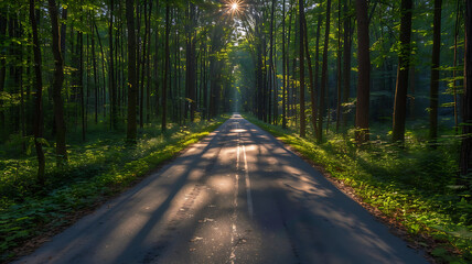 Fototapeta premium Sunlit Road Through a Green Forest: Scenic Nature Landscape on Asphalt Path, Peaceful Route