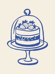 Strawberry cake on stand under glass dome hand drawn sketch vector illustration