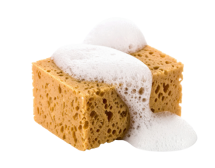 A close-up view of a textured sponge with bubbles and foam spilling over its edges.