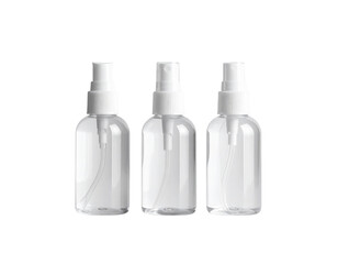 Three spray bottles with white caps, showcasing a sleek, minimalistic design suitable for various liquids.