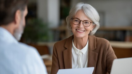 Insurance agent meeting senior client to explain health benefits and life policies, symbolizing empathy, responsibility, financial confidence, and professional advisory excellence. cinematic color
