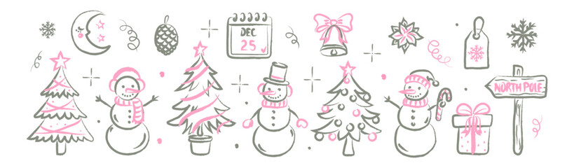 Hand drawn pastel pink and gray Christmas doodle set. Cute festive winter elements including snowmen trees gifts and stars. Cozy sketch holiday illustration in chalk crayon style for decoration 
