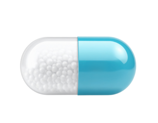A blue and white capsule containing small, round white particles.