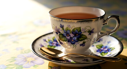Fototapeta premium Delicate floral teacup filled with amber tea and golden spoon on saucer image