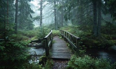 Obraz premium Wooden Bridge in a Lush Green Forest with Foggy Atmosphere.