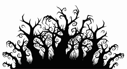 Black silhouettes of spooky trees with twisted branches perfect for eerie Halloween and dark fantasy designs.