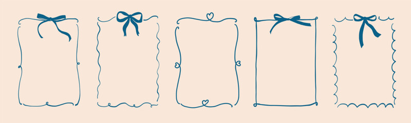 Whimsical menu frame with bow. Vintage ribbon border hand drawn sketch. Line art wedding valentine cute wavy design. Vector illustration