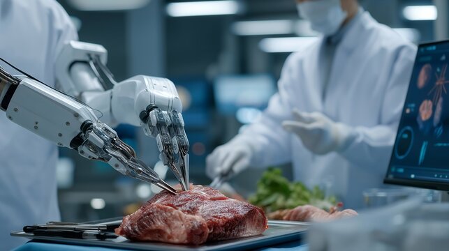 Close-up of robotic arm adjusting surgical instruments with extreme accuracy while surgeons oversee holographic displays, highlighting medical robotics, AI precision, and futuristic surgical