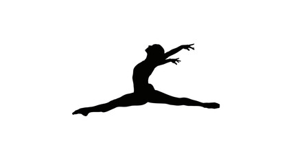 Dynamic silhouette of a dancer in mid leap, captured in an elegant, powerful split jump with outstretched arms conveying grace and athleticism.