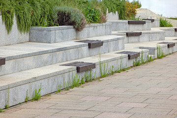 Built in Bench Integrated Wooden Planks at Small Park in Town