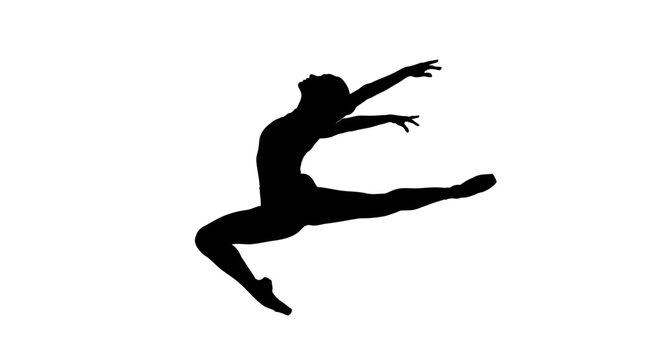 Dynamic male ballet dancer silhouette leaps with grace and power against a clean white background, capturing artistic expression and athletic prowess.