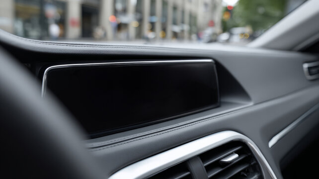 Close-up of a car dashboard in an urban setting.