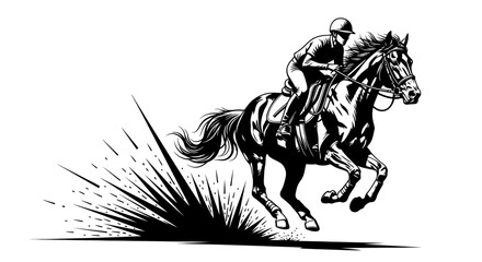 Dynamic black and white illustration of a horse and rider galloping powerfully, perfect for racing themes or equestrian designs with strong visual impact