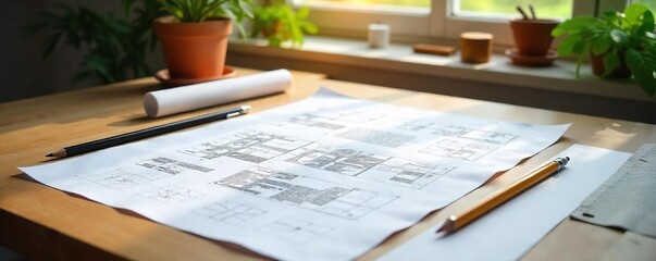 Architects Blueprint Workspace Sunlight Illuminates Green Design Plans, Pencils, Ruler, and Plant on Wooden Table