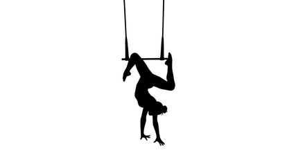 Dynamic silhouette of acrobat performing upside down on trapeze, evoking strength and control for fitness brands and artistic projects