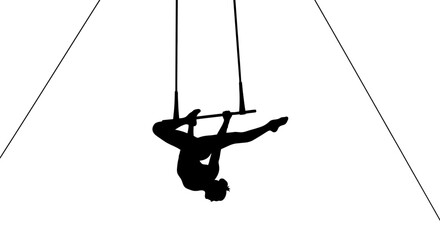 Dynamic silhouette of a trapeze artist performing aerial acrobatics with stunning grace and strength, perfect for fitness, circus, and entertainment promotions © Rusith