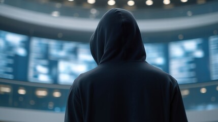 Silhouette of a hooded figure standing alone in front of massive glowing screens filled with cascading code and encrypted patterns, symbolizing anonymous identity, cyber secrecy, hidden persona,
