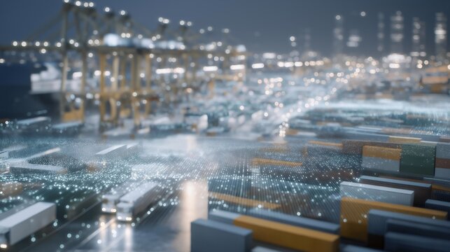 Massive futuristic logistics hub filled with autonomous vehicles transporting smart containers under glowing data streams, symbolizing global supply chain automation, AI logistics systems, and