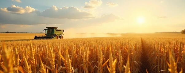 Golden Harvest Combine Harvester in a Vast Cornfield under a Sunny Sky. Rows of harvested and standing corn stalks showcase the beauty and bounty of autumnal farm harvesting.
