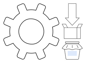 Gear highlighting production, open box for packaging, and jar symbolizing end product with downward arrow. Ideal for manufacturing, supply chain, packaging, logistics, optimization, distribution